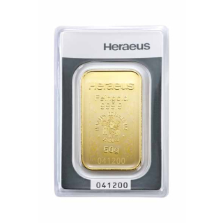 50 g Goldbarren Heraeus (geprägt) 999,99 im Blister