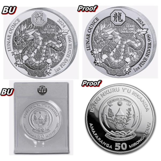 2 x 1 oz Ruanda 2024 Proof + BU - DRACHE - Jahr des DRACHEN - LUNAR DRACHE - 50 RWF