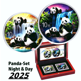 2 x 30 g China 2025 - PANDA TAG & NACHT - NIGHT & DAY -Pandafamilie am Wasserfall - Silber Farbe Color