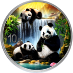 2 x 30 g China 2025 - PANDA TAG & NACHT - NIGHT & DAY -Pandafamilie am Wasserfall - Silber Farbe Color