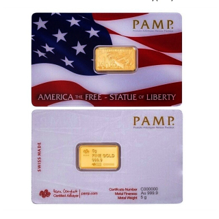 5 g Gold PAMP Motivbarren LADY LIBERTY Freiheitsstatue - Coin Card - Pamp Suisse