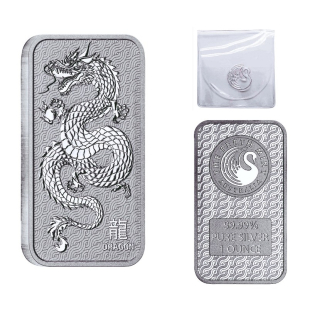 NEU* 1 Unze Silber Motivbarren 2024 - DRACHE DRAGON - Rechteckig - Rectangle - Serie Lunar Rechteckdrachen Perth Mint Australien