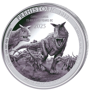 NEU**1 oz Kongo 2025 BU - CARNOSAURUS - Der Killersaurier aus Südamerika - Serie Prehistoric Life 16. - Silber 20 Frs