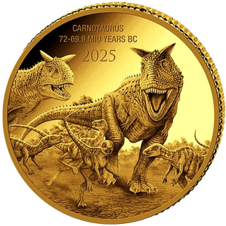 0,5 g Gold Kongo 2025 Proof - CARNOSAURUS - Dinosaurier - Der Killersaurier aus Südamerika - Serie Prehistoric Life 16. - 100 Frs