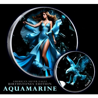 NEU** 1 oz USA American Liberty Eagle 2024 Aquamarin - Aquamarinesteinchen / Aquamarine Stone - Infinity Edition - silber Color - Doppelmotiv - Auflage 250 Einzelstück