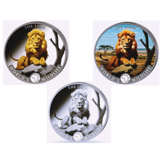 3 x 1 oz SET Kongo 2025 BU + COLOR + Gilded - LÖWE / LION - Silber - World´s Wildlife Ausgabe 7  - 20 Frs
