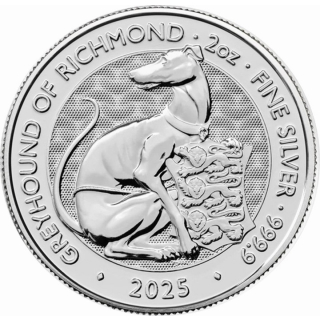 NEU* 2 oz UK 2025 BU - GREYHOUND of Richmond - Königlicher Windhund - Royal Tudor Beasts - Großbritannien Silber 5Pfd.