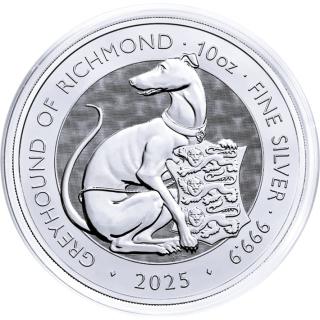 NEU* 10 oz UK 2025 BU - GREYHOUND of Richmond - Königlicher Windhund  - Royal Tudor Beast - Großbritannien Silber BU 25 Pfd.