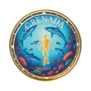 NEU* 1 oz Gold SHARK DIVER / HAITAUCHER  farbig 2024 Grenada EC8 - Proof - 10 $