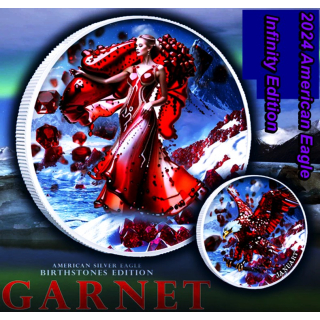 NEU** 1 oz USA American Liberty Eagle 2024 Granat Edelstein - Lady in Red - Garnet Stone - Infinity Edition - silber Color - Doppelmotiv - Auflage 250