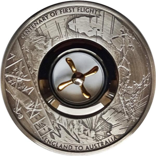 2 oz Australien 2019 - Antique Finish - 1.Flug nach England mit rotierendem Propeller - 2 AU$