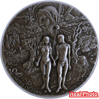 5 Unzen Silber Benin - Garten Eden Adam und Eva - GARDEN OF EDEN - 2019 Antique Finish